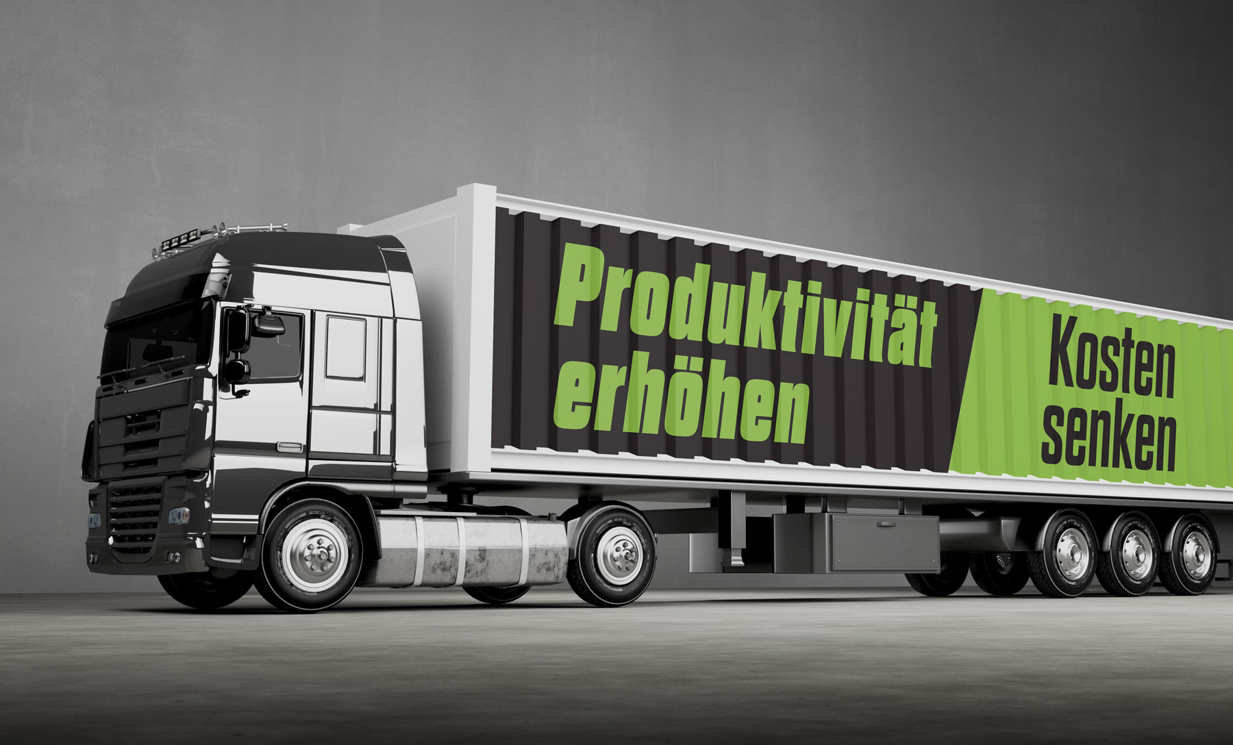 Bild eines LKWs mit Beschriftung „Produktivität erhöhen, Kosten senken"